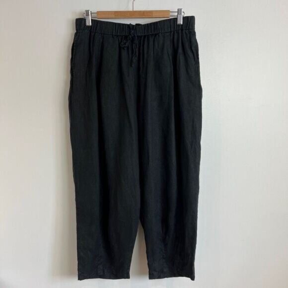 Vintage Women's Medium Black Pull on Linen Blend Cropped Pants Baggy Casual Beac - Picture 1 of 12